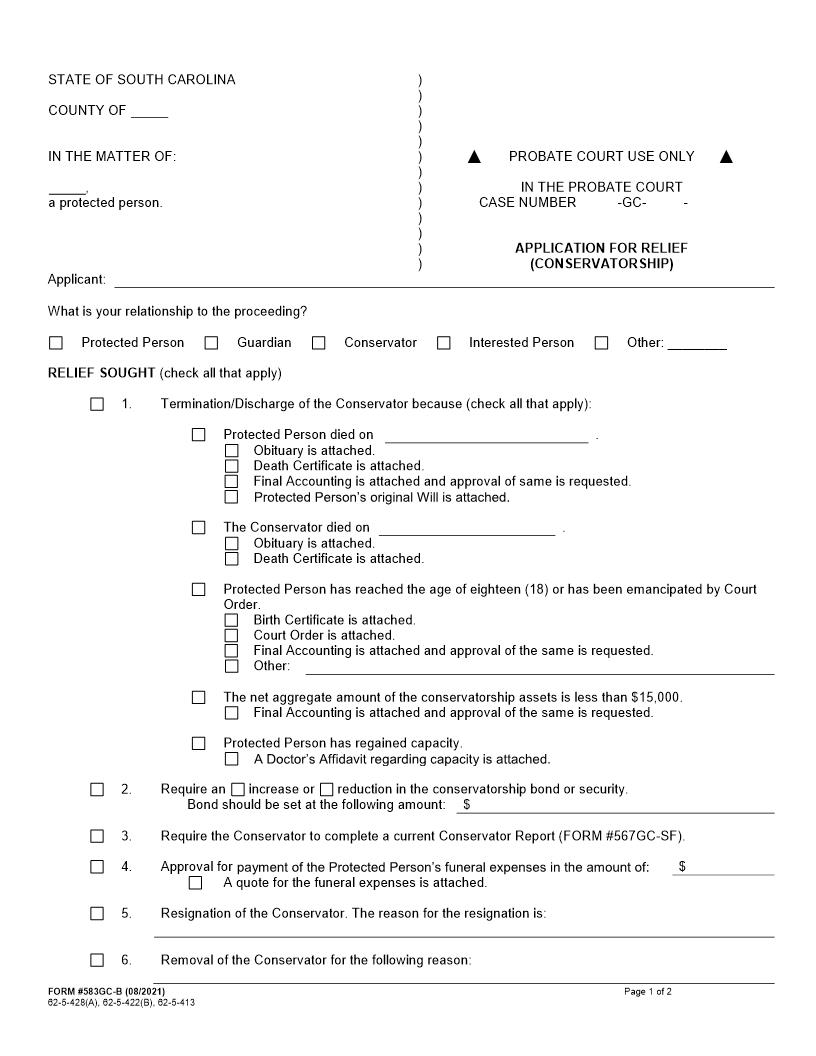 Application For Relief (Conservatorship) {583GC-B} | Pdf Fpdf Docx | South Carolina