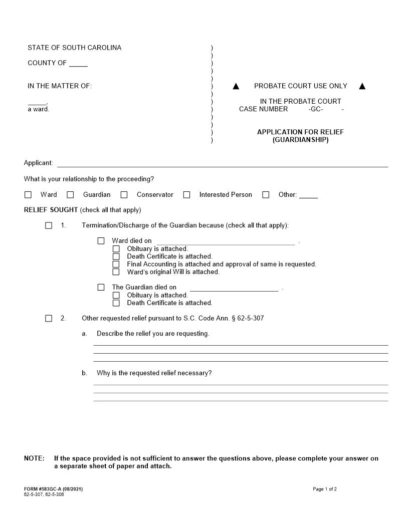 Application For Relief (Guardianship) {583GC-A} | Pdf Fpdf Docx | South Carolina