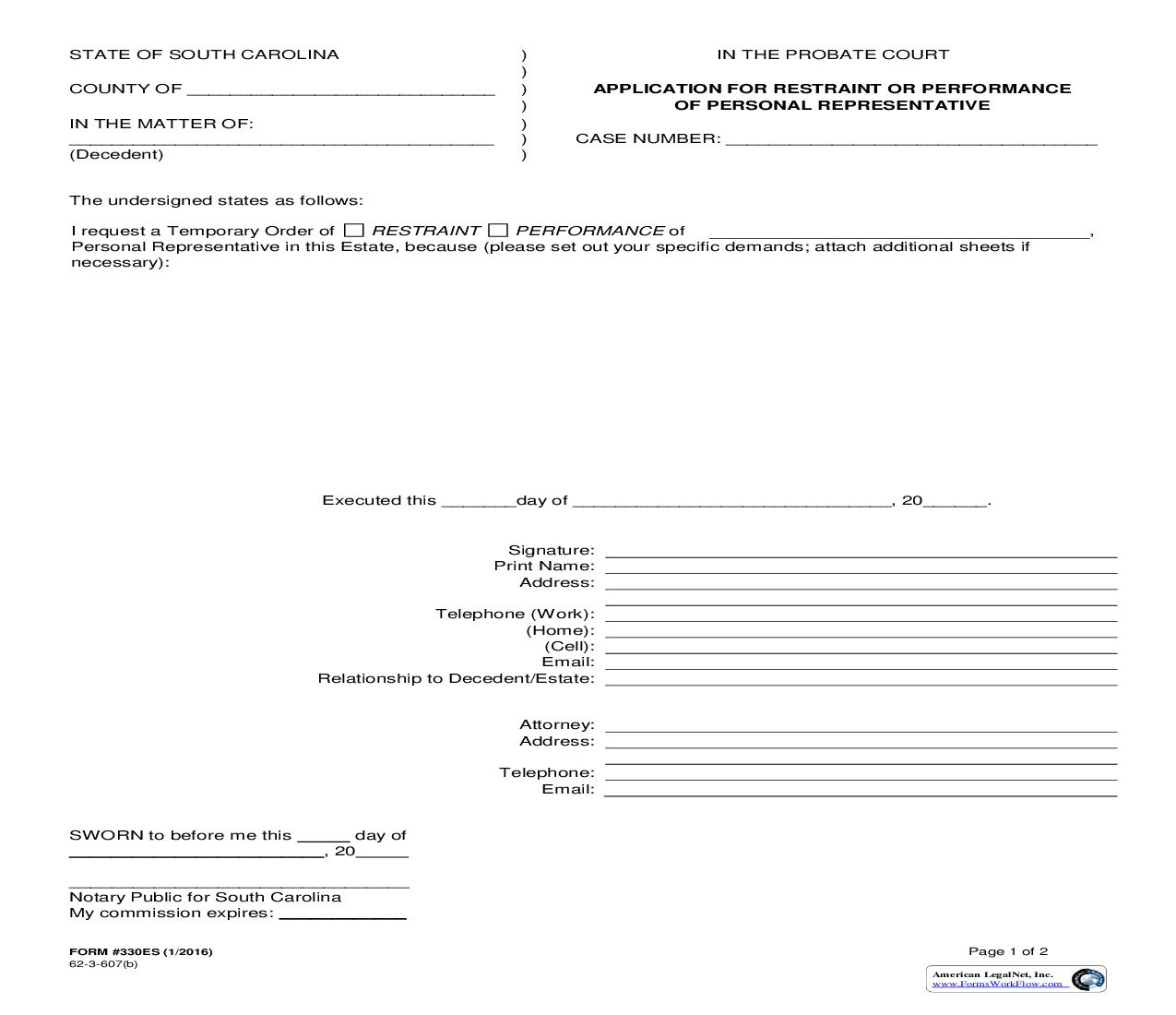 Application For Restraint Or Performance Of Personal Representative {330ES} | Pdf Fpdf Doc Docx | South Carolina