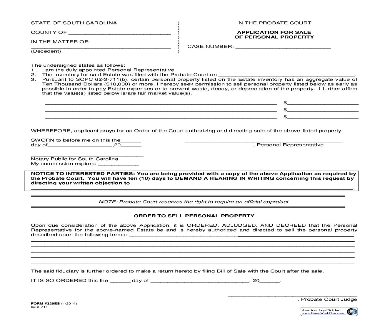 Application For Sale Of Personal Property {329ES} | Pdf Fpdf Doc Docx | South Carolina
