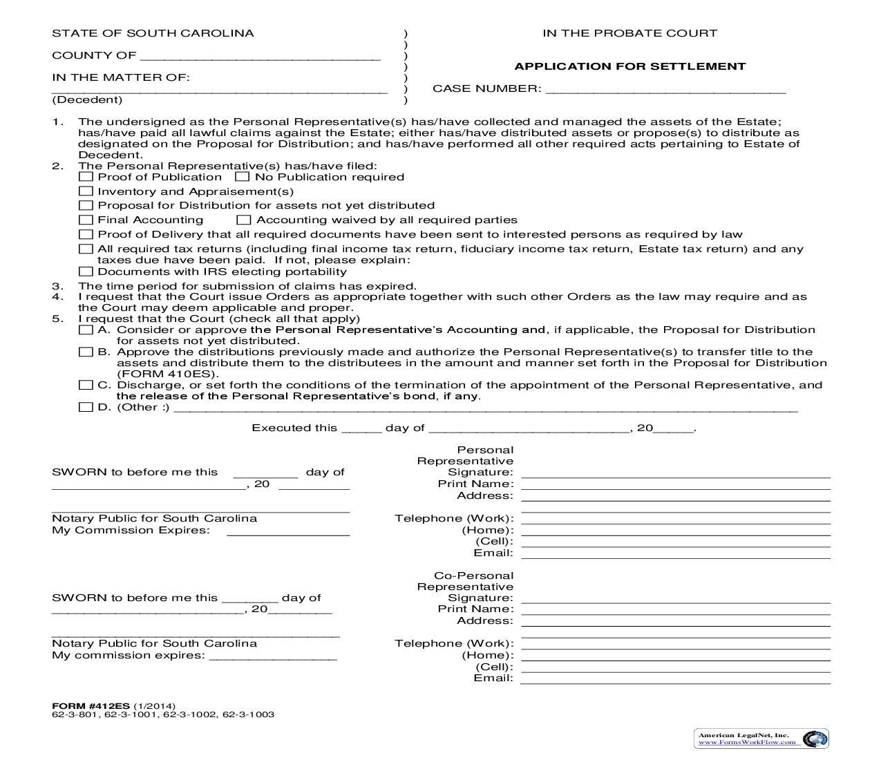 Application For Settlement {412ES} | Pdf Fpdf Doc Docx | South Carolina