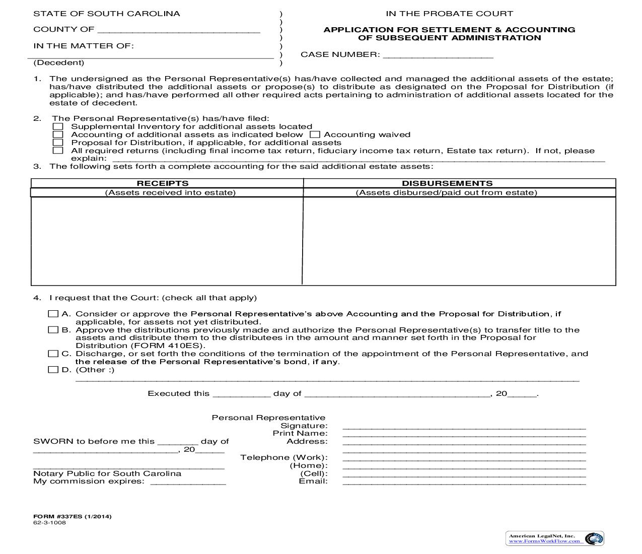 Application For Settlement And Accounting Of Subsequent Administration {337ES} | Pdf Fpdf Doc Docx | South Carolina
