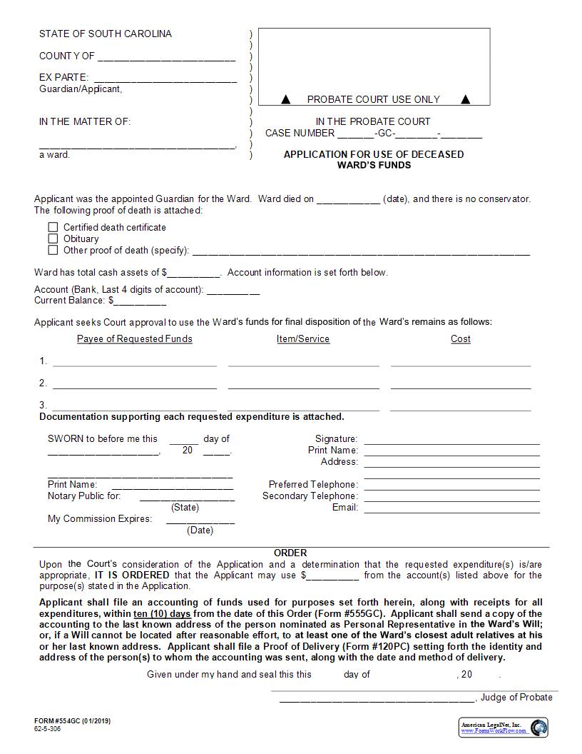Application For Use Of Deceased Wards Funds {554GC} | Pdf Fpdf Docx | South Carolina