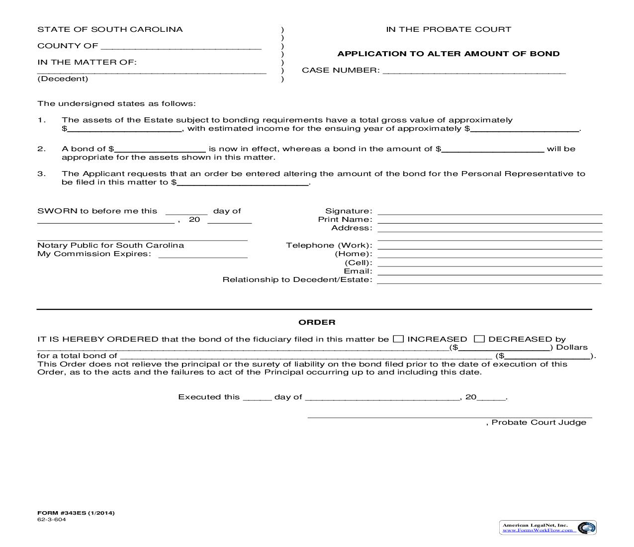 Application To Alter Amount Of Bond {343ES} | Pdf Fpdf Doc Docx | South Carolina