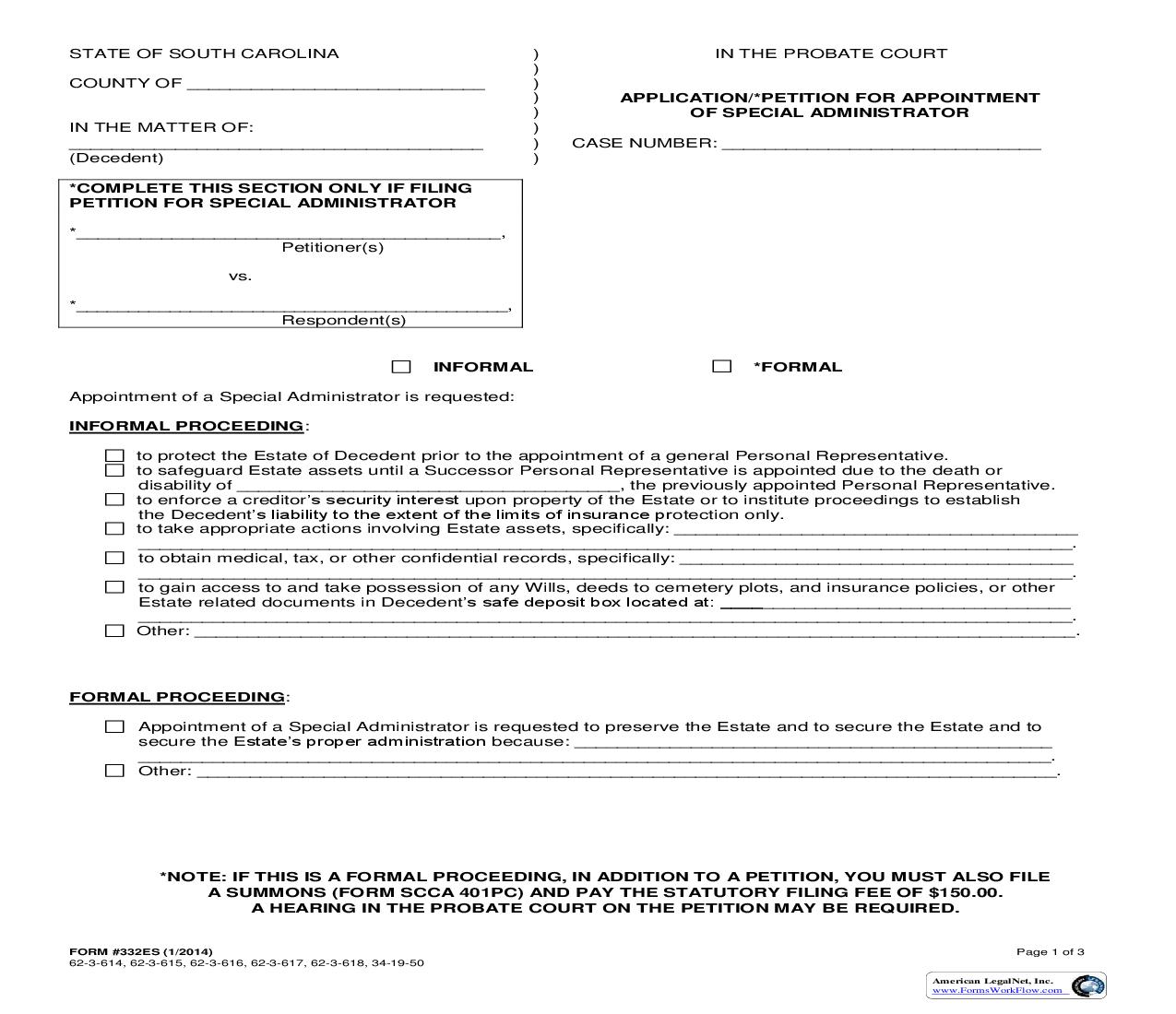 Application-Petition For Appointment Of Special Administrator {332ES} | Pdf Fpdf Doc Docx | South Carolina