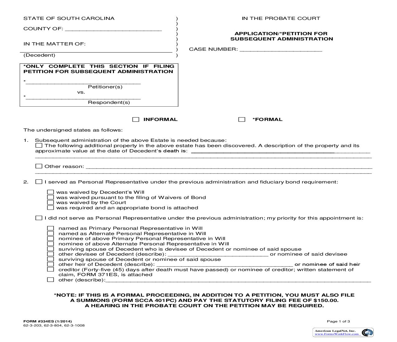 Application-Petition For Subsequent Administration {334ES} | Pdf Fpdf Doc Docx | South Carolina