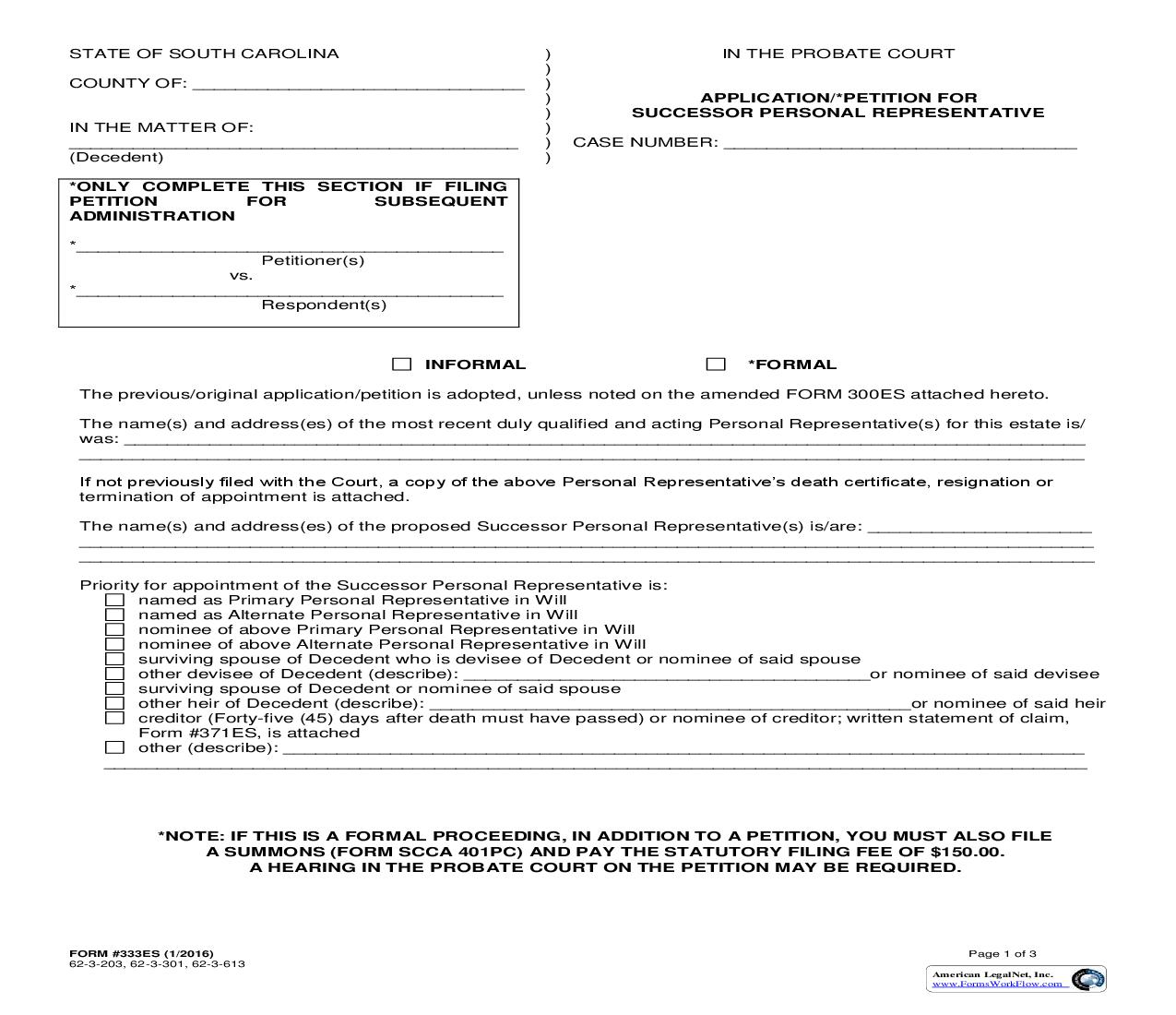 Application-Petition For Successor Personal Representative {333ES} | Pdf Fpdf Doc Docx | South Carolina