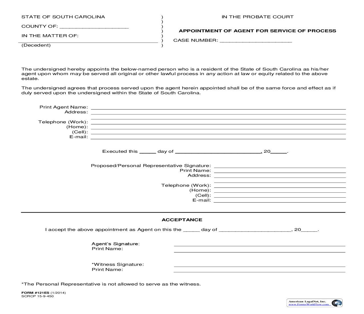 Appointment Of Agent For Service Of Process {121ES} | Pdf Fpdf Doc Docx | South Carolina