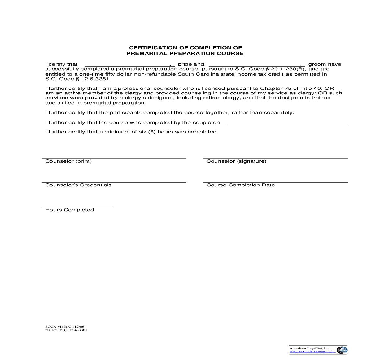 Certification Of Completion Of Premarital Preperation Course {153PC} | Pdf Fpdf Doc Docx | South Carolina