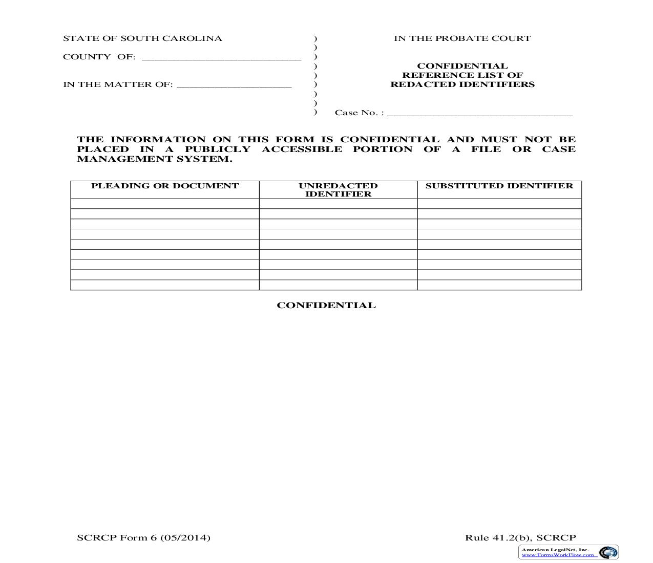 Confidential Reference List of Redacted Identifiers (Probate Court) {SCRCP 6} | Pdf Fpdf Doc Docx | South Carolina