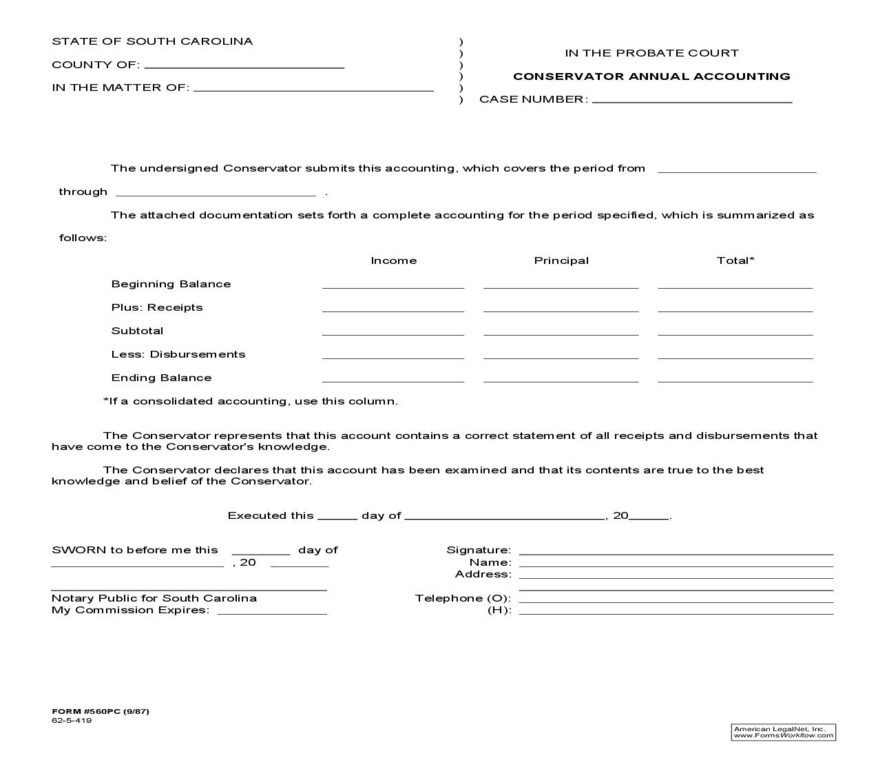 Conservator Annual Accounting (Cover Form) {560PC} |  | South Carolina