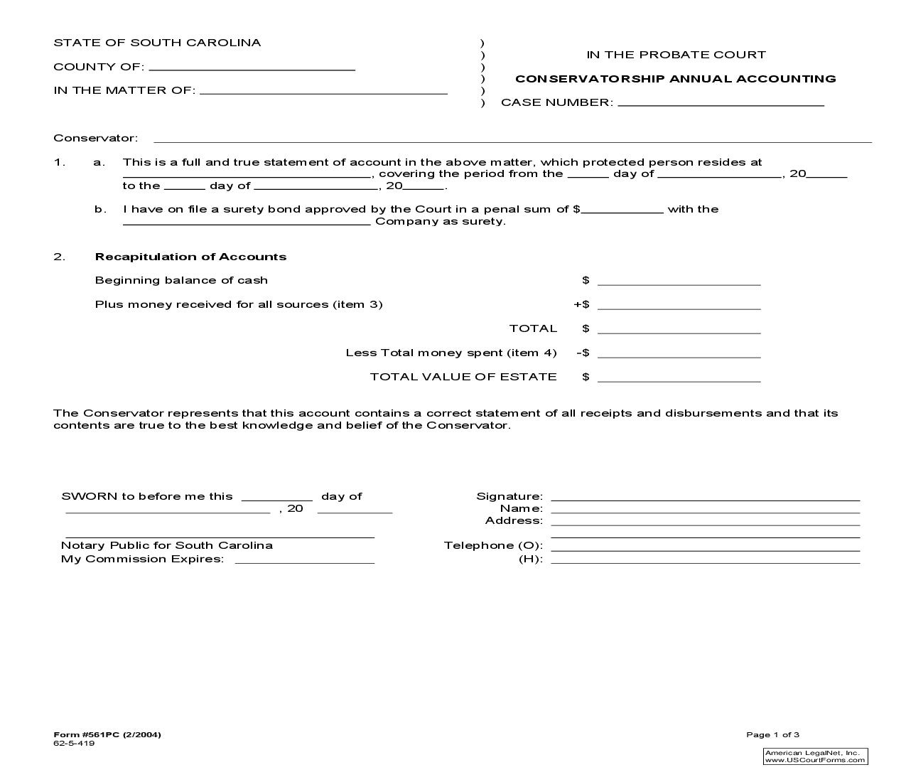 Conservatorship Annual Accounting (Long Form) {561PC} |  | South Carolina