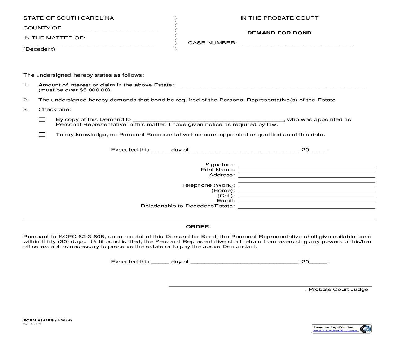 Demand For Bond {342ES} | Pdf Fpdf Doc Docx | South Carolina