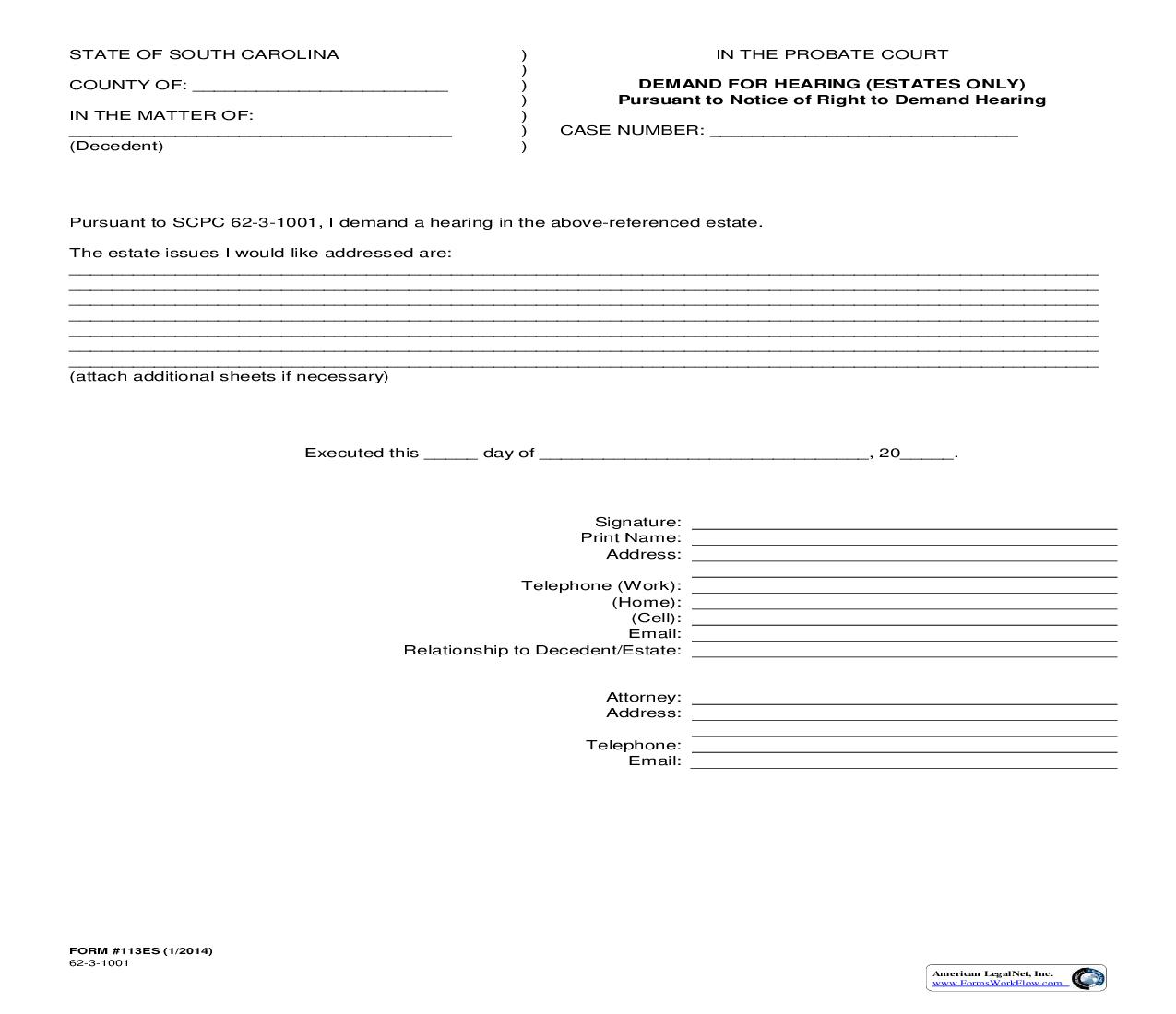 Demand For Hearing (Estates) {113ES} | Pdf Fpdf Doc Docx | South Carolina