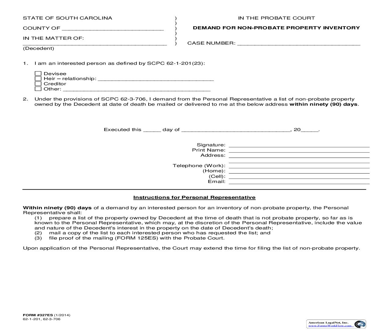 Demand For Non-Probate Property Inventory {327ES} | Pdf Fpdf Doc Docx | South Carolina