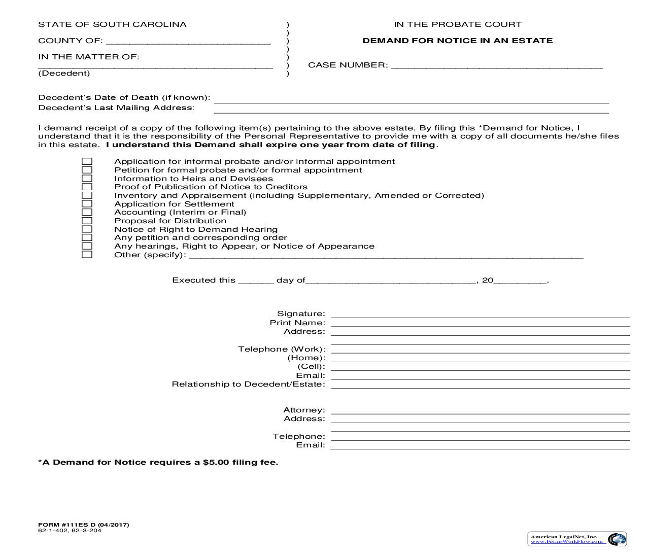 Demand For Notice In An Estate {111ES D} | Pdf Fpdf Doc Docx | South Carolina
