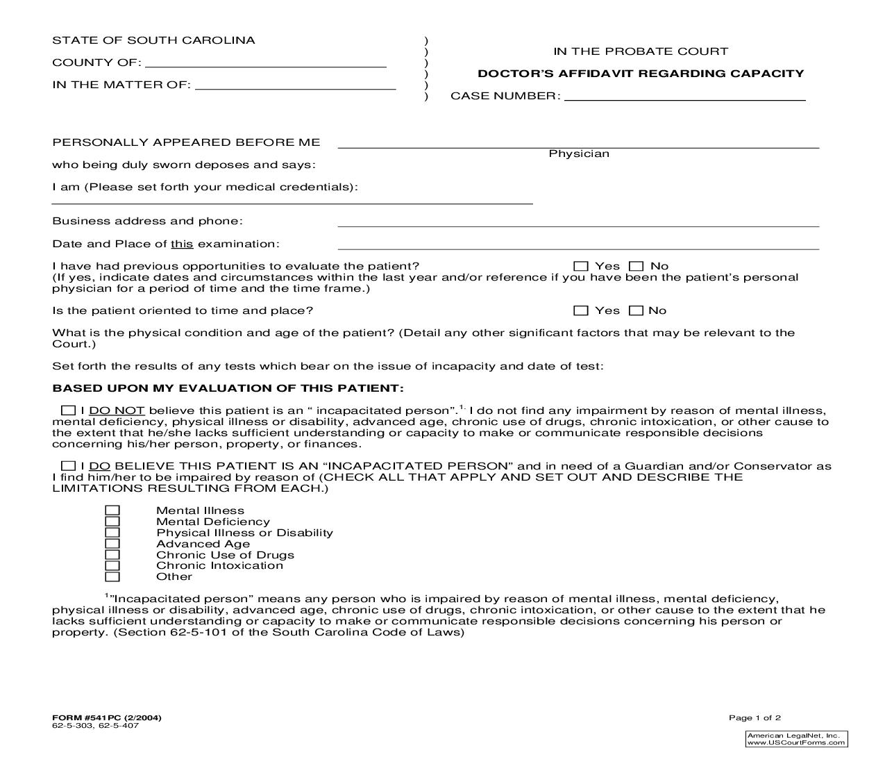 Doctors Affidavit Regarding Capacity {541PC} |  | South Carolina