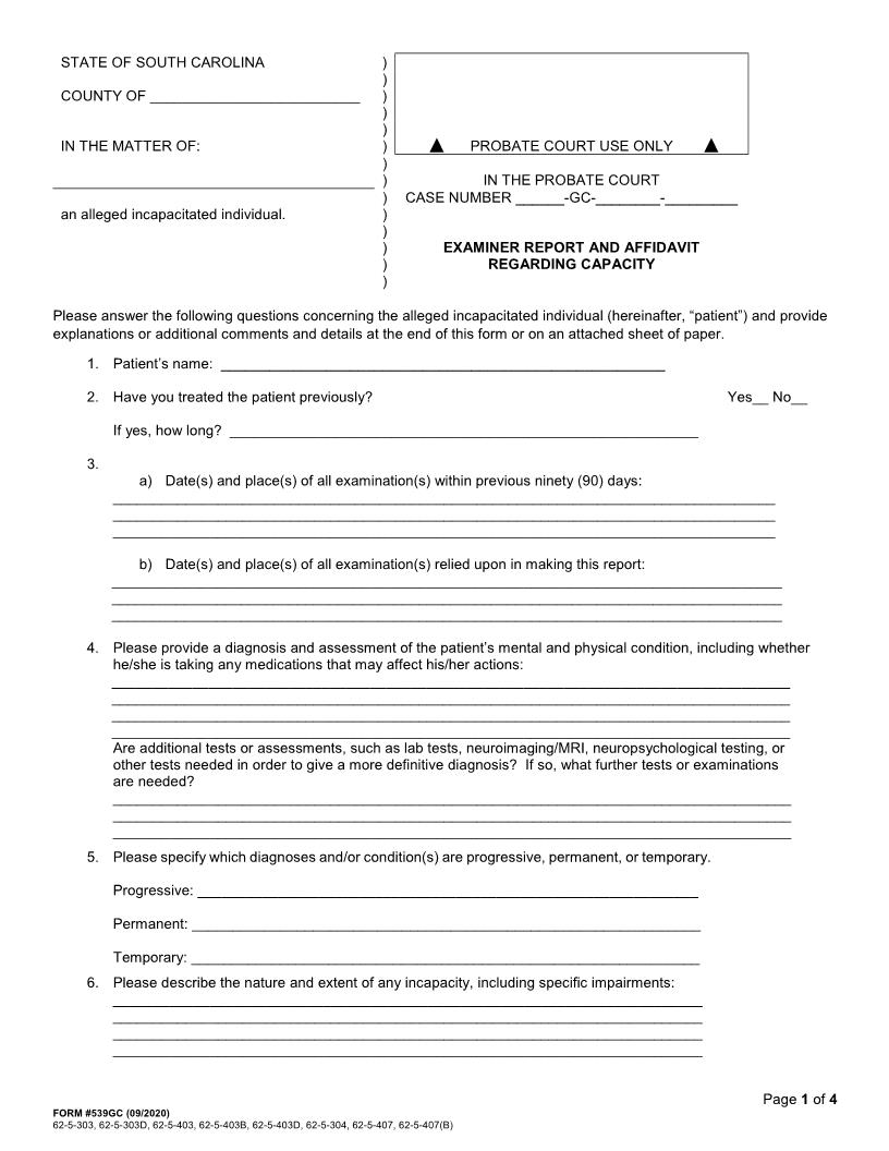 Examiner Report And Affidavit Regarding Capacity {539GC} | Pdf Fpdf Docx | South Carolina