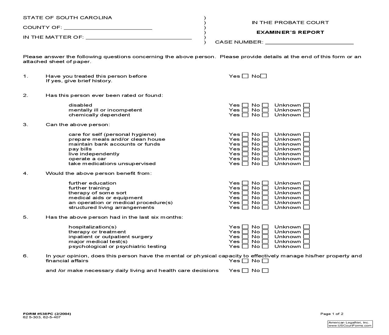 Examiners Report {538PC} |  | South Carolina