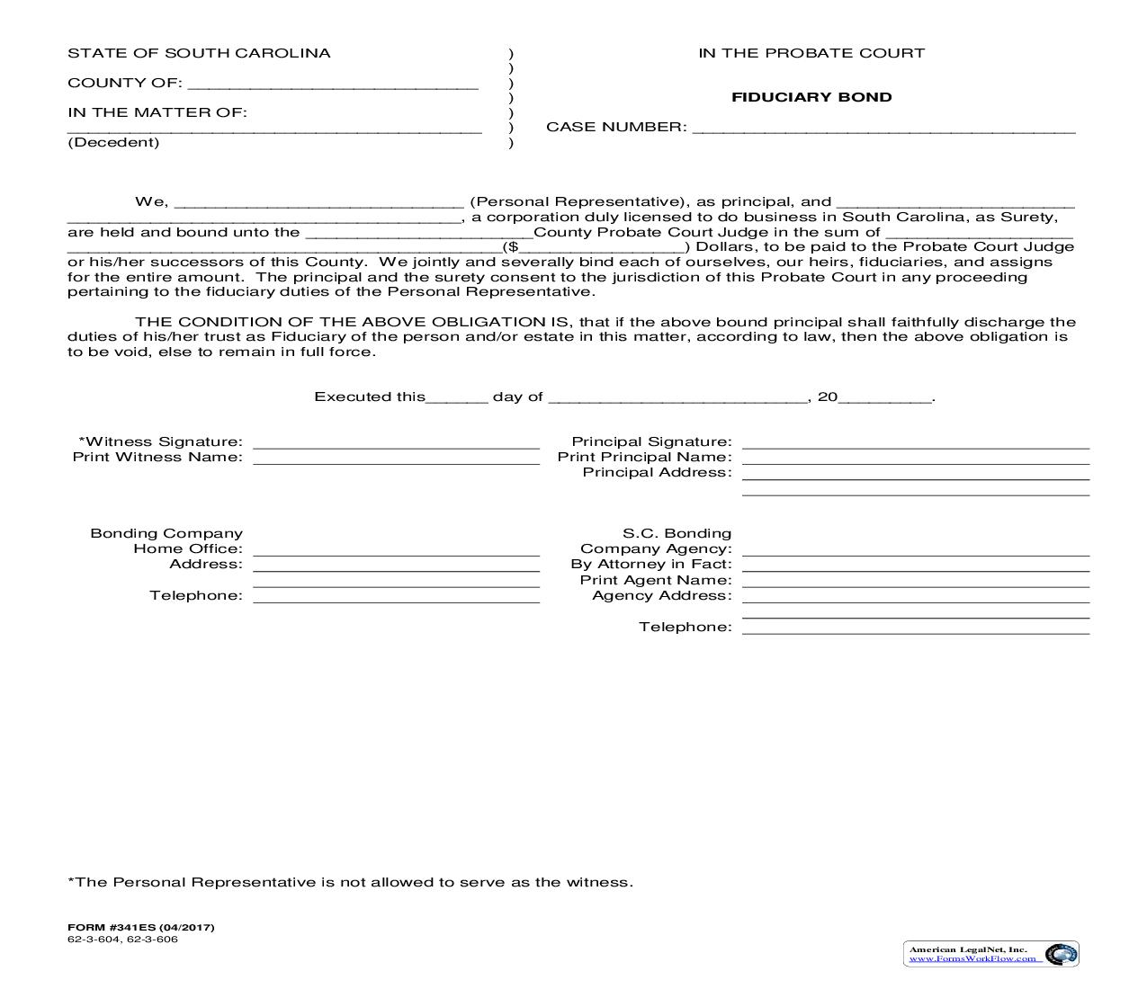 Fiduciary Bond {341ES} | Pdf Fpdf Doc Docx | South Carolina