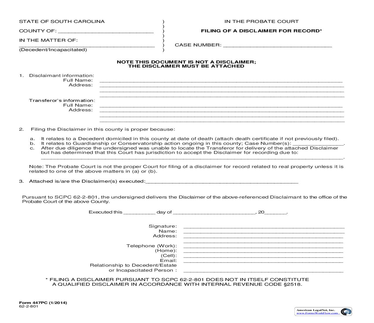 Filing Of Disclaimer For Record {447PC} | Pdf Fpdf Doc Docx | South Carolina