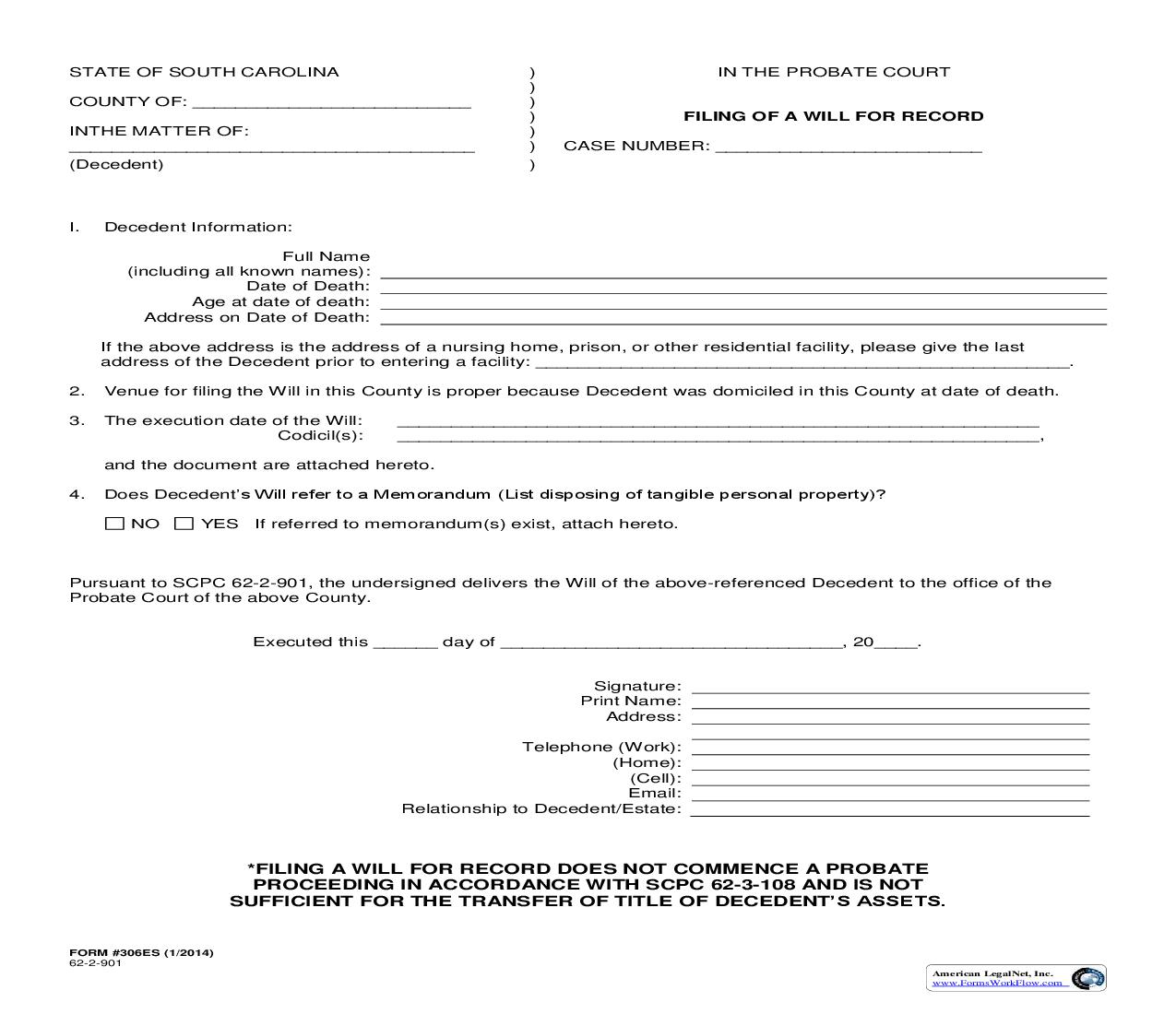 Filing Of Will For Record {306ES} | Pdf Fpdf Doc Docx | South Carolina