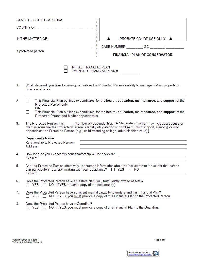 Financial Plan Of Conservator {566GC} | Pdf Fpdf Docx | South Carolina