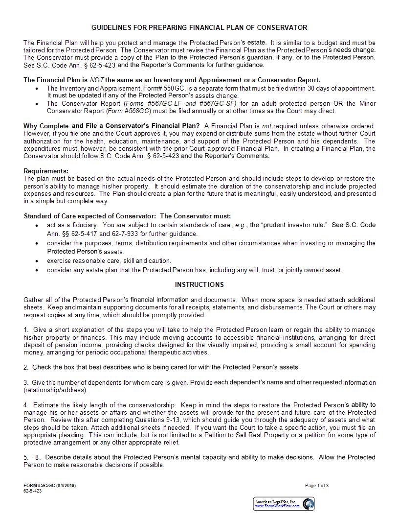 Guidelines For Preparing Financial Plan Of Conservator {565GC} | Pdf Fpdf Docx | South Carolina