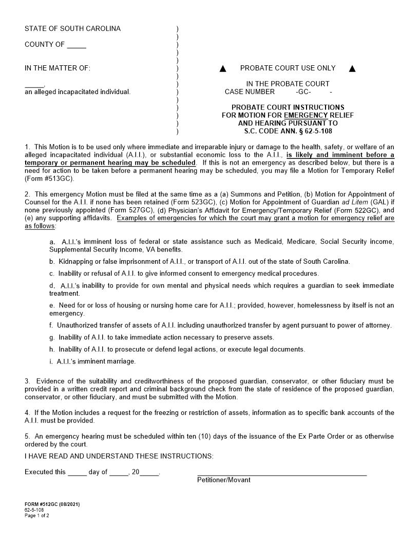 Instructions For Motion For Emergency Relief And Hearing {512GC} | Pdf Fpdf Docx | South Carolina