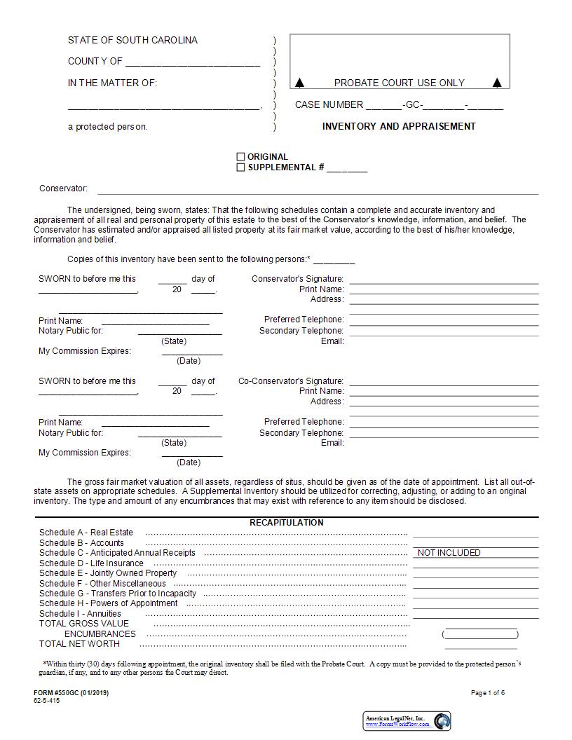 Inventory And Appraisement {550GC} | Pdf Fpdf Docx | South Carolina