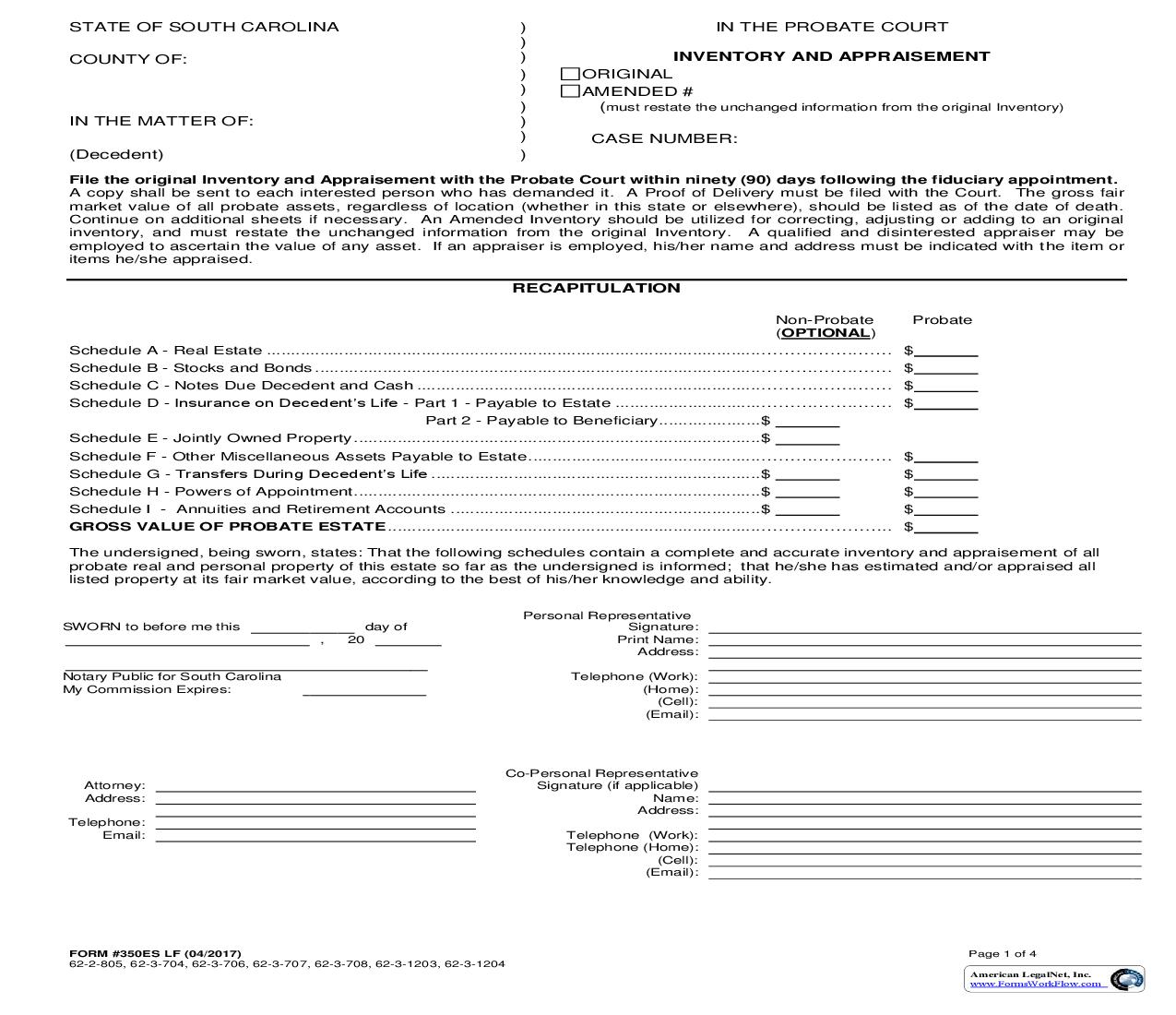 Inventory And Appraisement LF (Mandatory) {350ES LF} | Pdf Fpdf Doc Docx | South Carolina