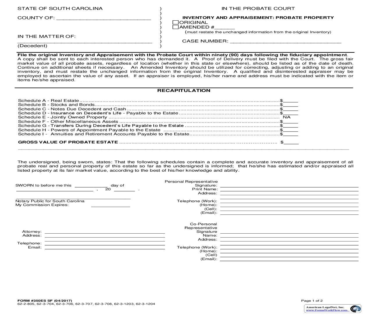 Inventory And Appraisement SF (Mandatory) {350ES SF} | Pdf Fpdf Doc Docx | South Carolina