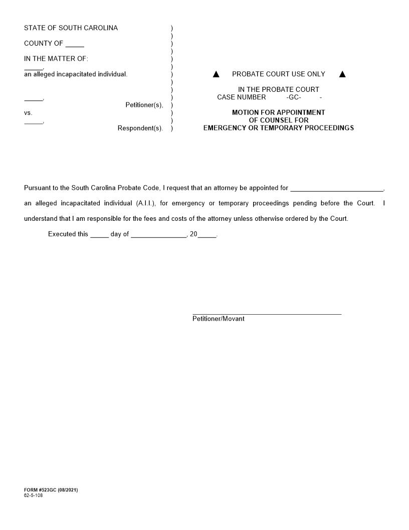 Motion And Order For Appointment Of Counsel For Emergency {523GC} | Pdf Fpdf Docx | South Carolina
