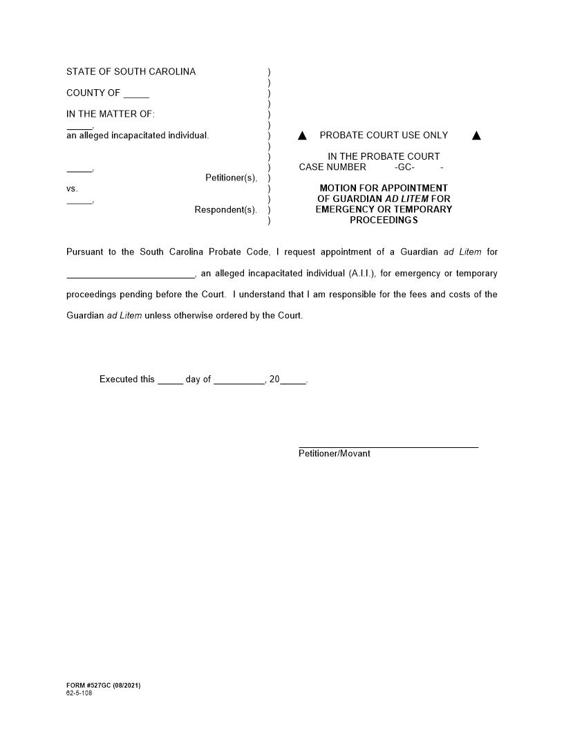 Motion And Order For Appointment Of Guardian Ad Litem {527GC} | Pdf Fpdf Docx | South Carolina