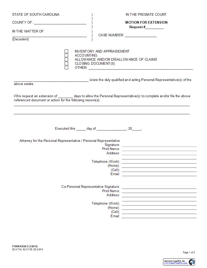 Motion For Extension {352ES} | Pdf Fpdf Docx | South Carolina