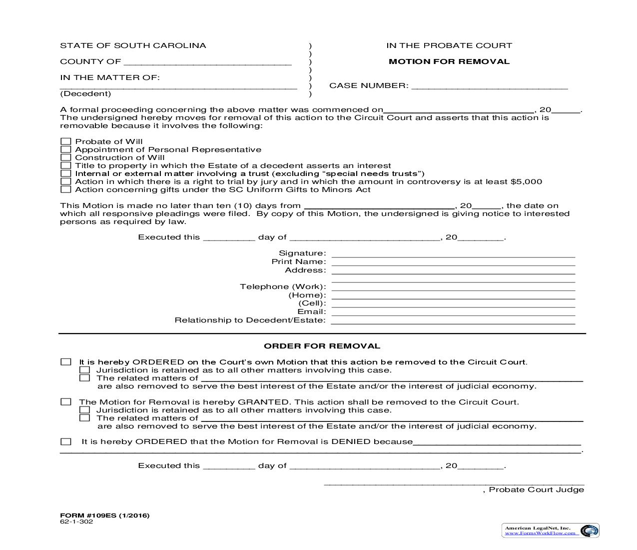 Motion For Removal {109ES} | Pdf Fpdf Doc Docx | South Carolina