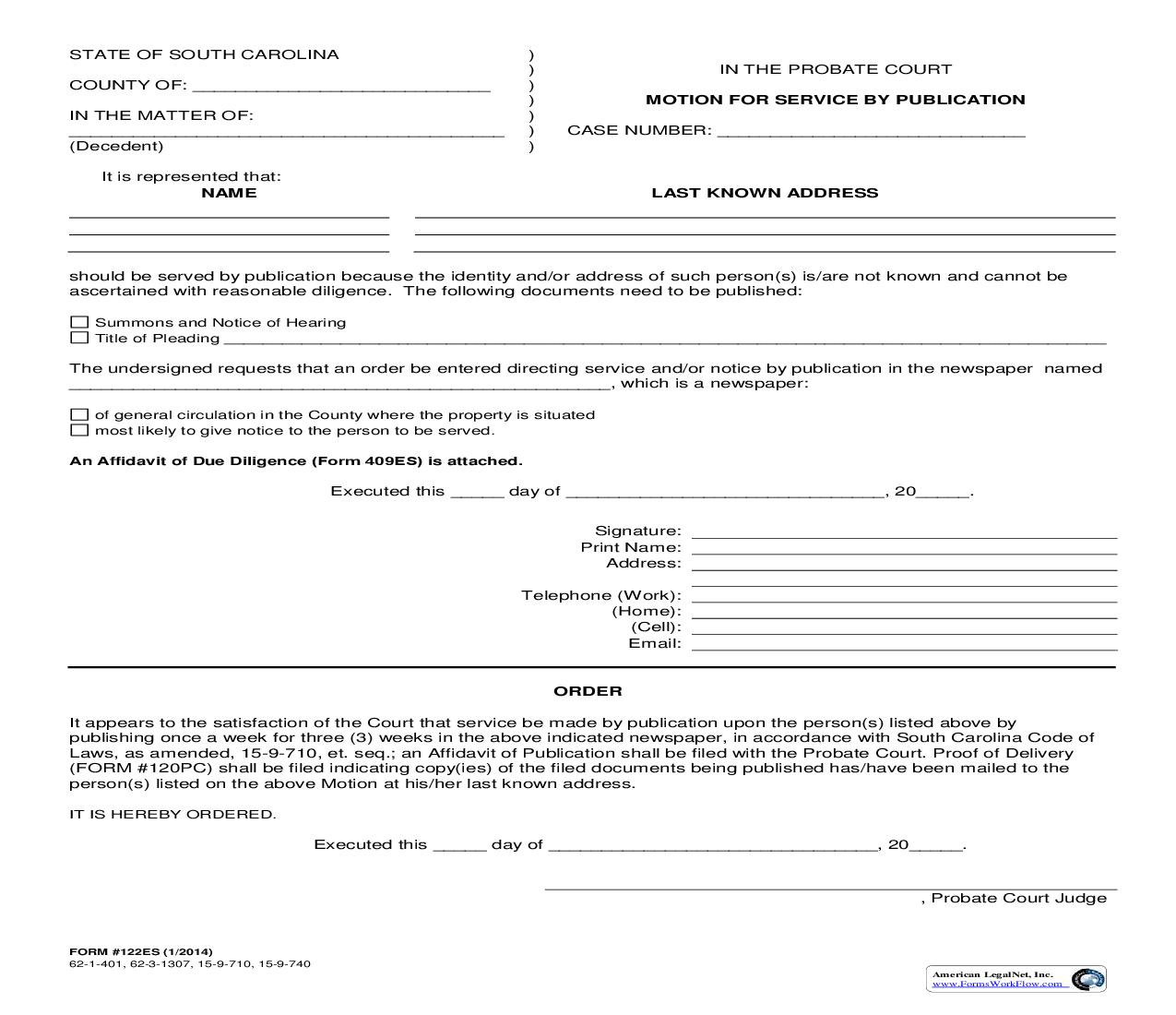 Motion For Service By Publication {122ES} | Pdf Fpdf Doc Docx | South Carolina
