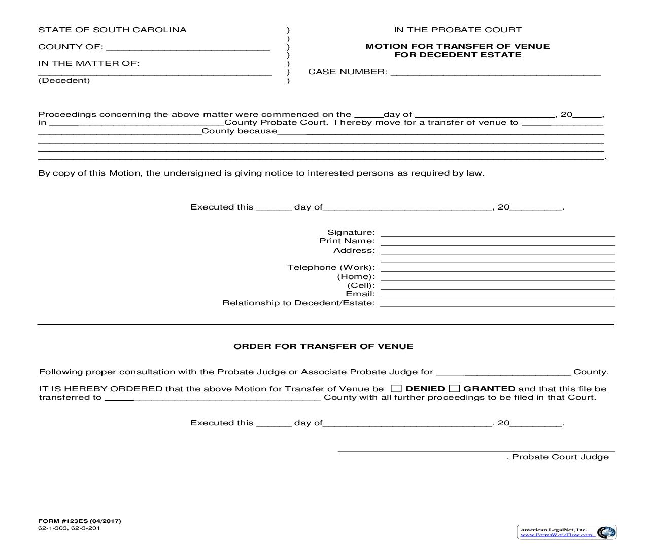 Motion For Transfer Of Venue {123ES} | Pdf Fpdf Doc Docx | South Carolina