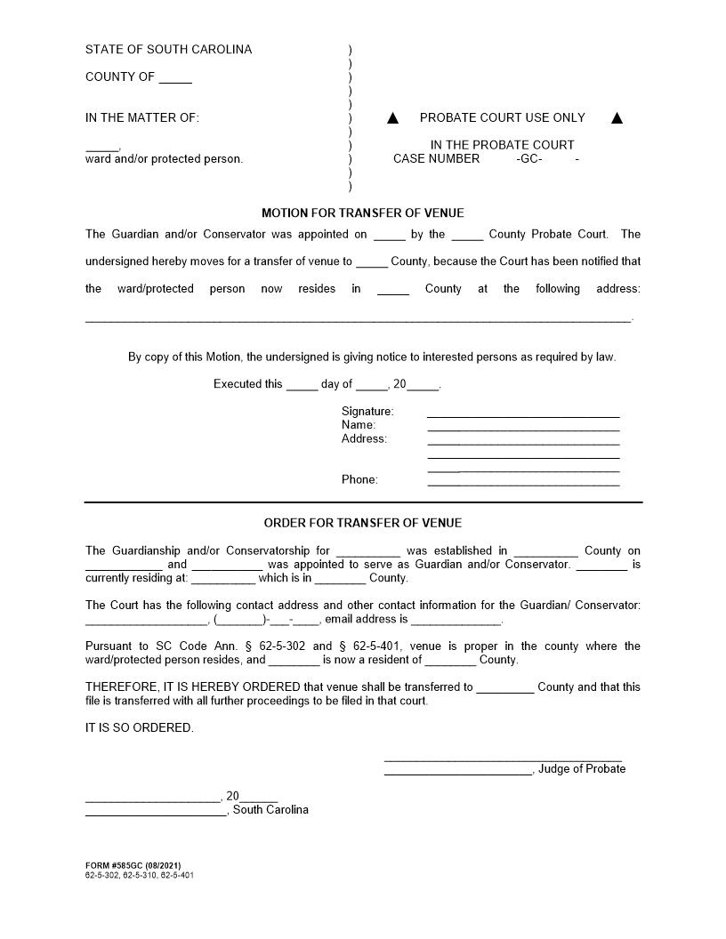 Motion For Transfer Of Venue {585GC} | Pdf Fpdf Docx | South Carolina
