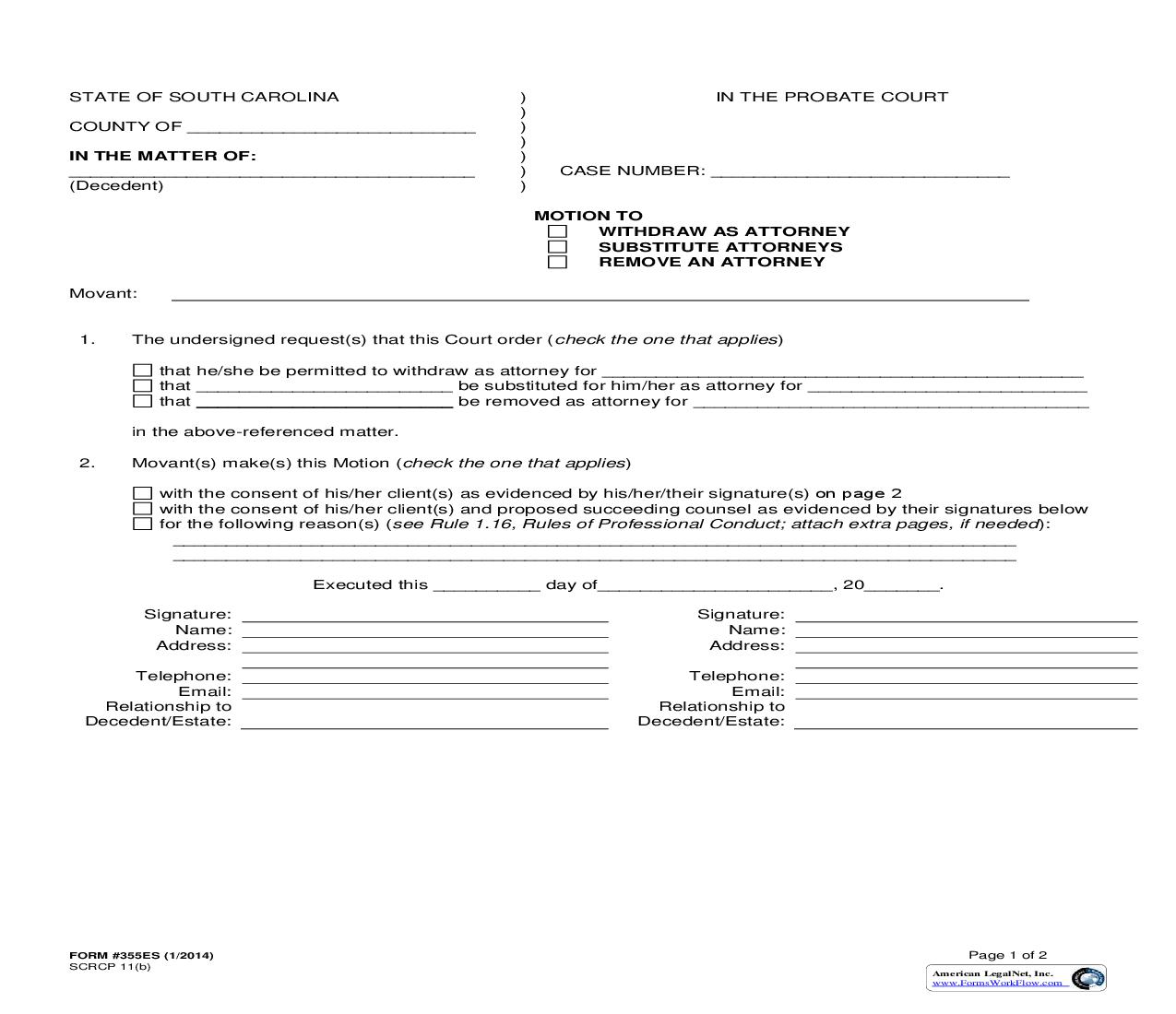 Motion To Be Relieved As Counsel {355ES} | Pdf Fpdf Doc Docx | South Carolina