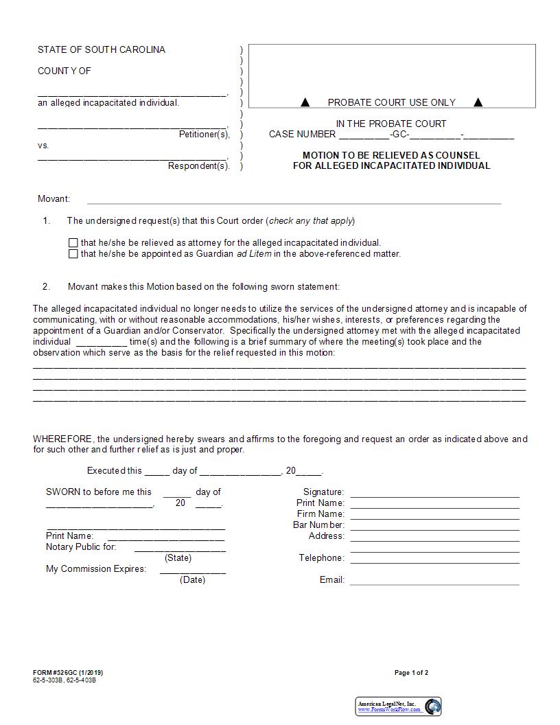 Motion To Be Relieved As Counsel For Alleged Incapacitated Individual {526GC} | Pdf Fpdf Docx | South Carolina
