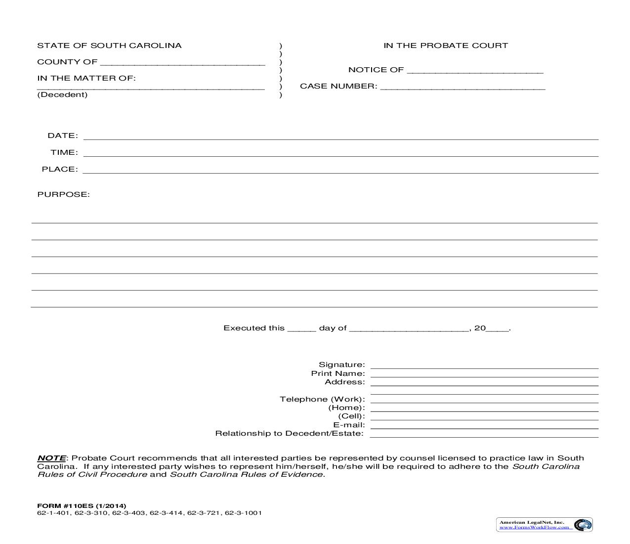 Notice Of {110ES} | Pdf Fpdf Doc Docx | South Carolina