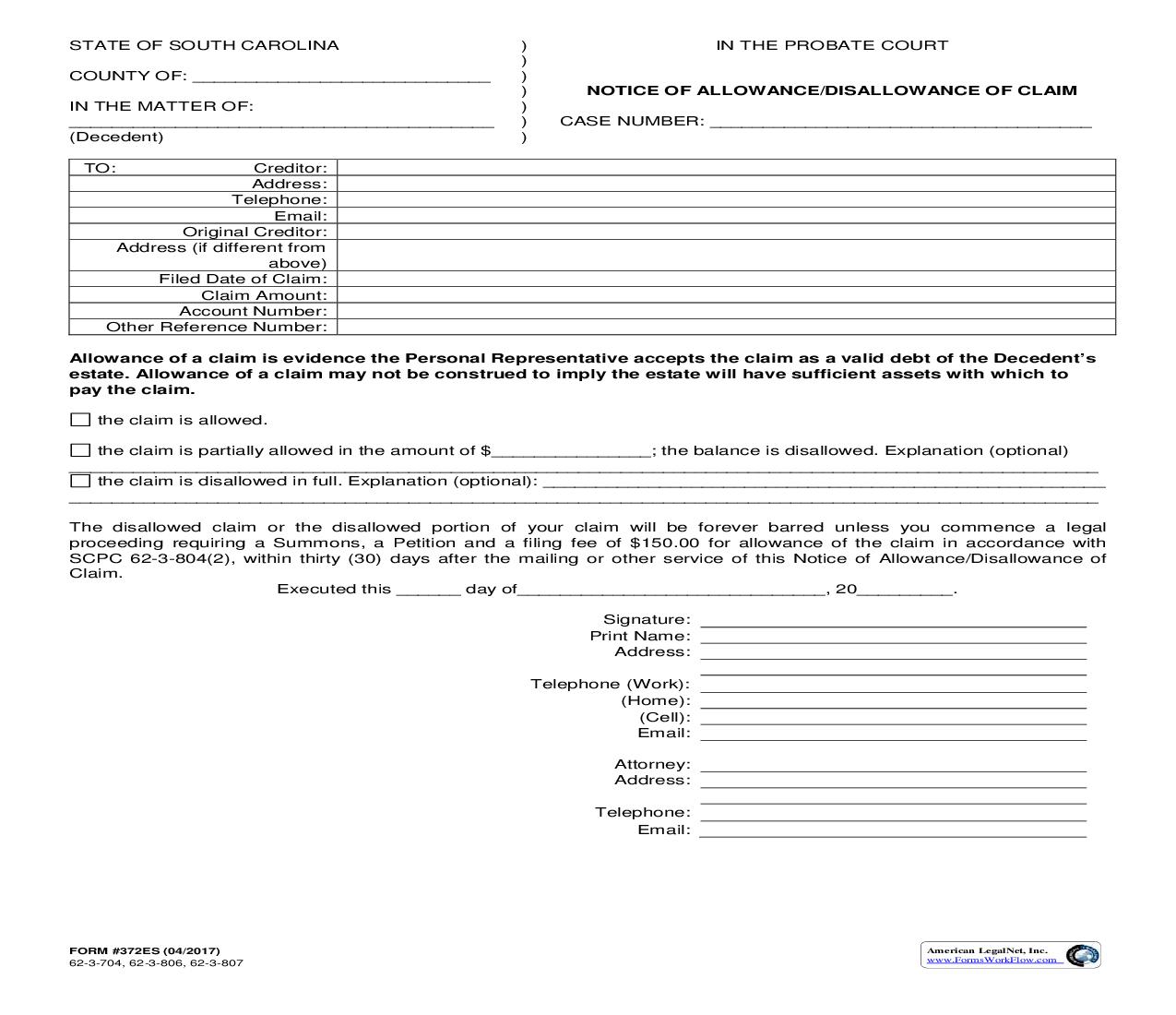 Notice Of Allowance-Disallowance Of Claim {372ES} | Pdf Fpdf Doc Docx | South Carolina