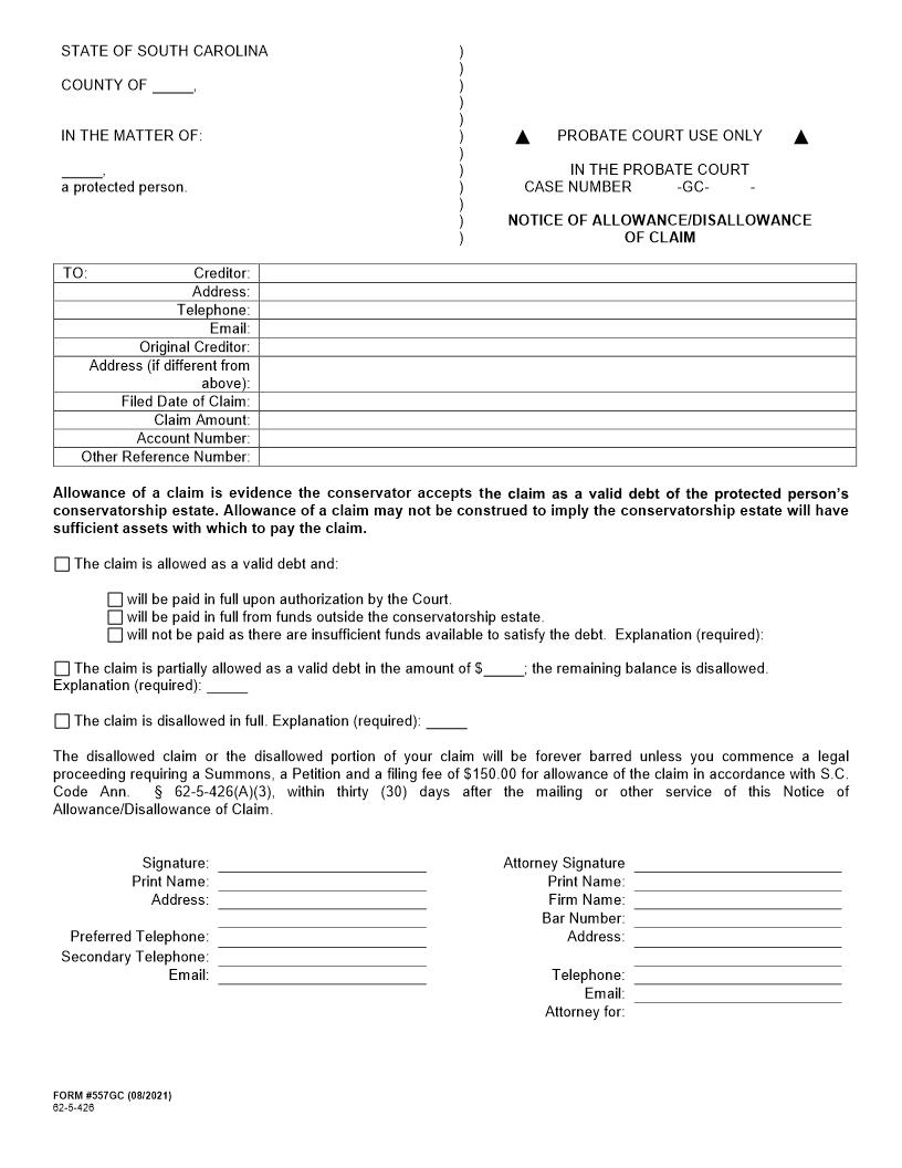 Notice Of Allowance-Disallowance Of Claim {557GC} | Pdf Fpdf Docx | South Carolina