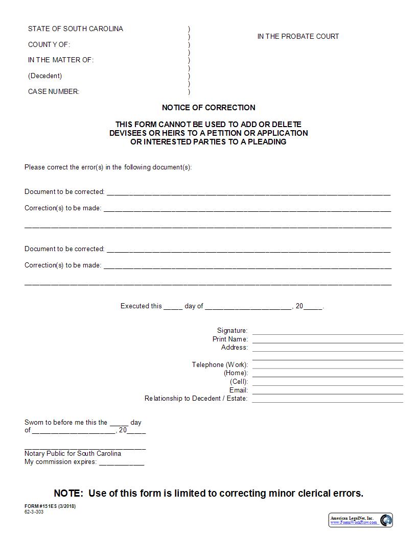 Notice Of Correction {151ES} | Pdf Fpdf Docx | South Carolina