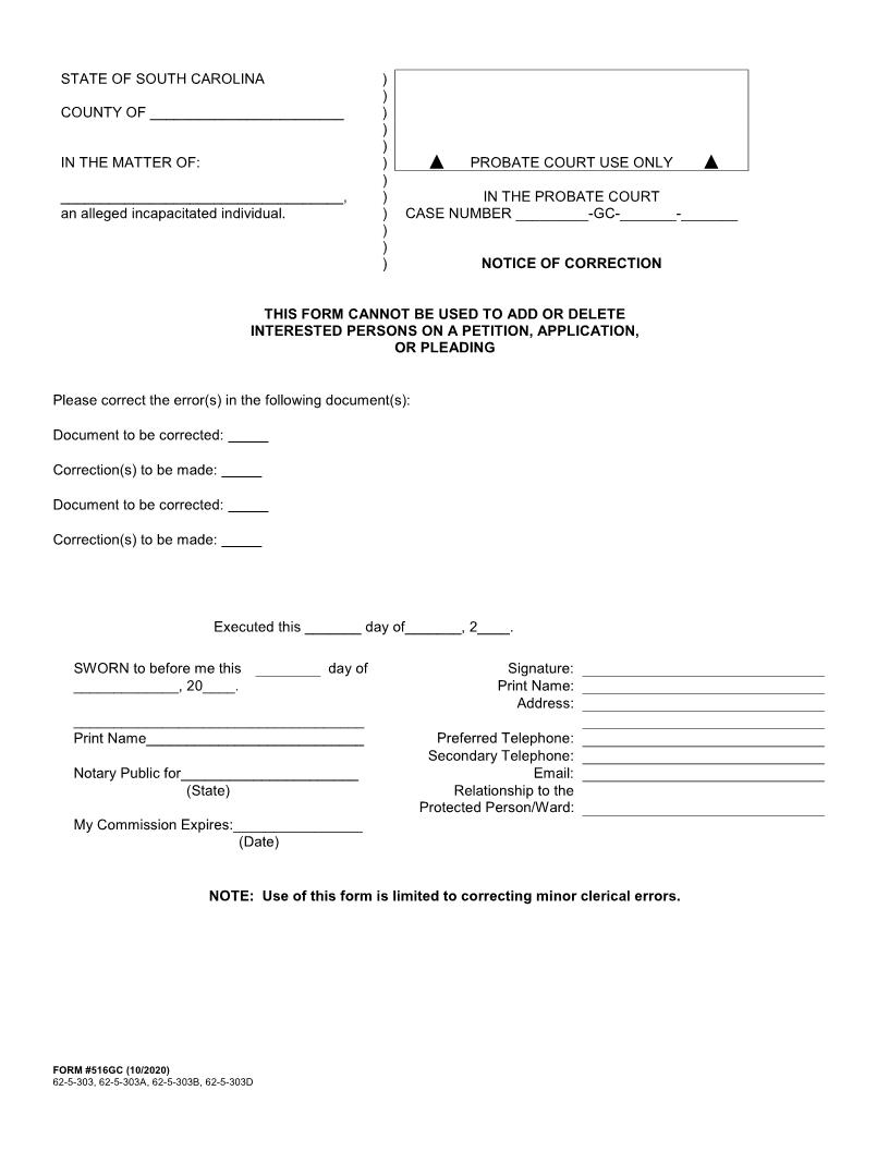 Notice Of Correction {516GC} | Pdf Fpdf Docx | South Carolina
