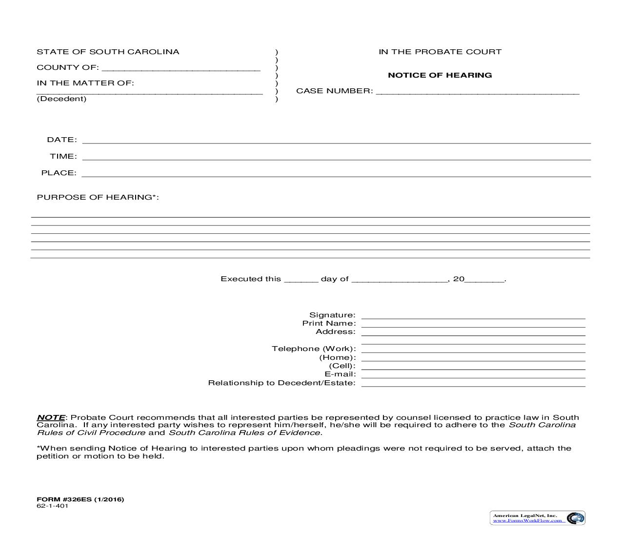 Notice Of Hearing {326ES} | Pdf Fpdf Doc Docx | South Carolina