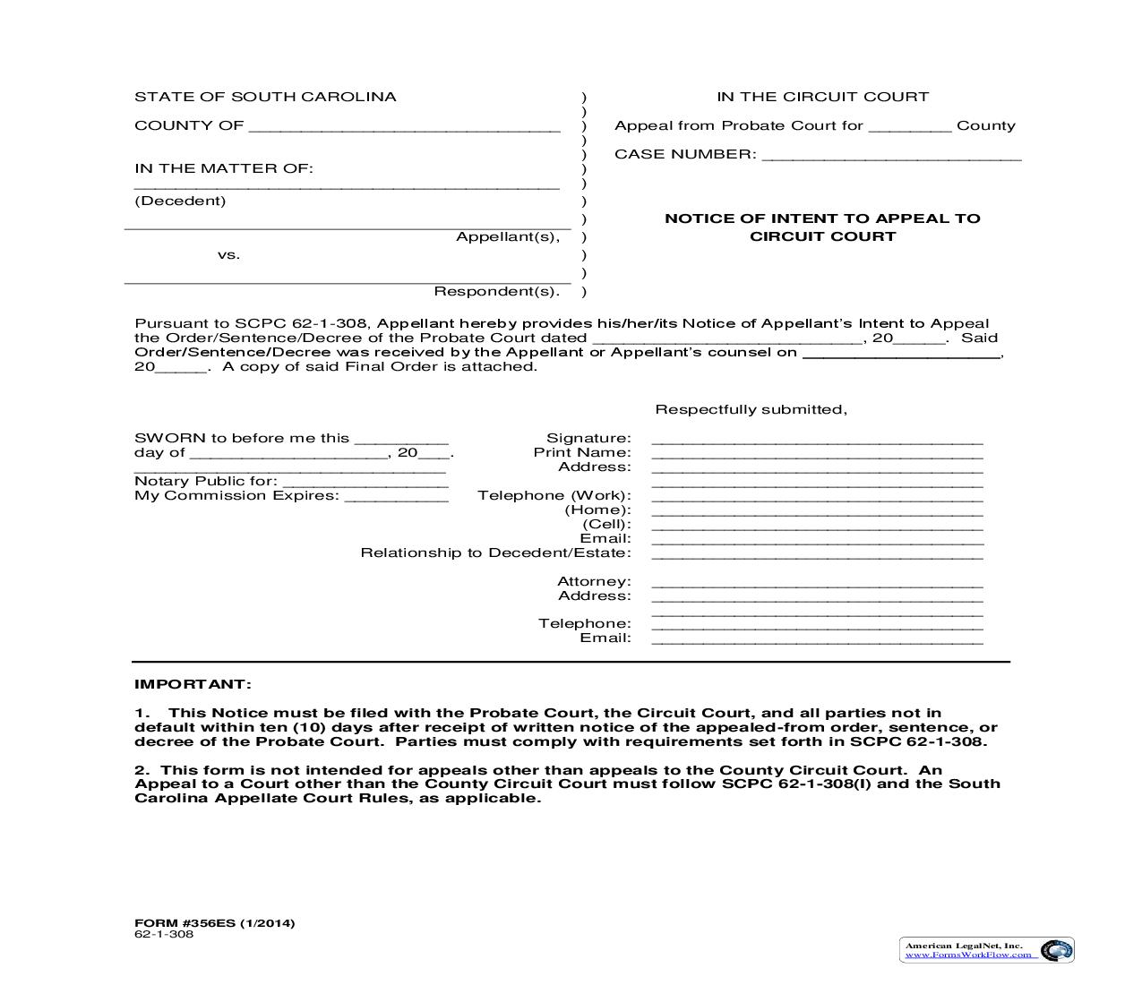 Notice Of Intent To Appeal {356ES} | Pdf Fpdf Doc Docx | South Carolina