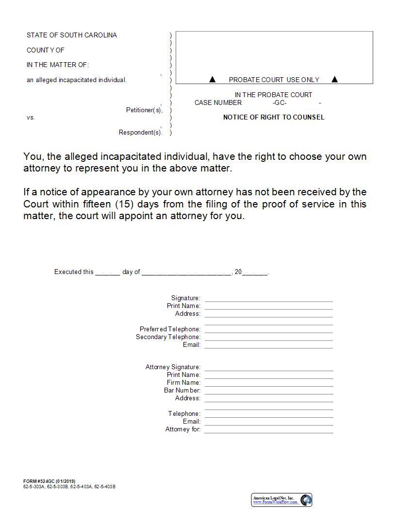 Notice Of Right To Counsel {524GC} | Pdf Fpdf Docx | South Carolina