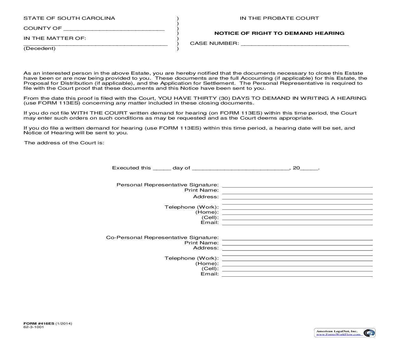 Notice Of Right To Demand Hearing {416ES} | Pdf Fpdf Doc Docx | South Carolina